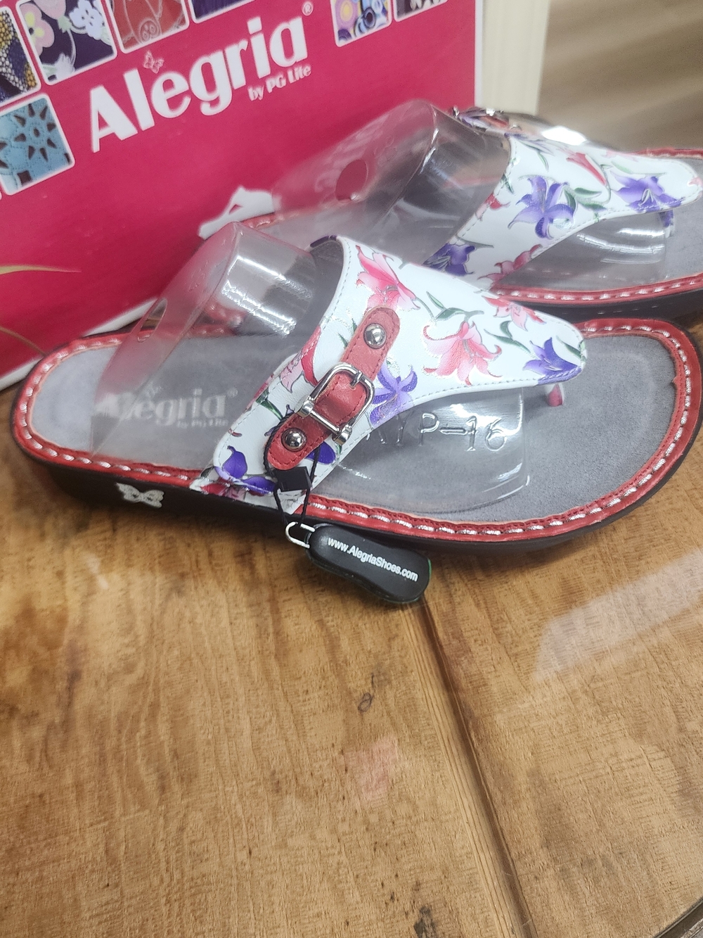Alegria Floral Leather Thong Sandals - White with Pink & Purple Flowers - Picture 3 of 5